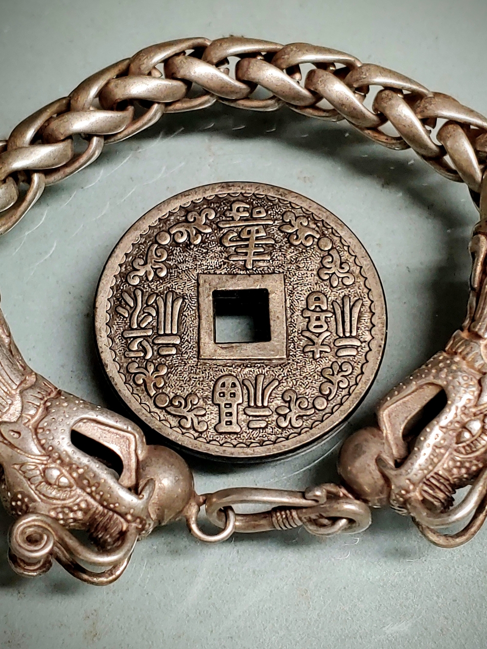 Style  Vintage Pendant Bracelet with Dragon Heads & Coin.